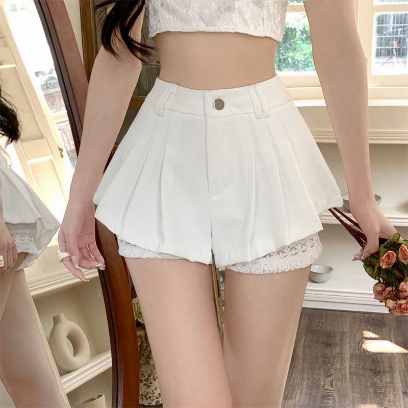 High Waist Panel Plain Lace Shorts Pleated
