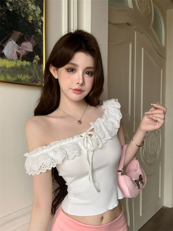 Short-Sleeve Tie-Up Off Top Ruffle Plain Shoulder