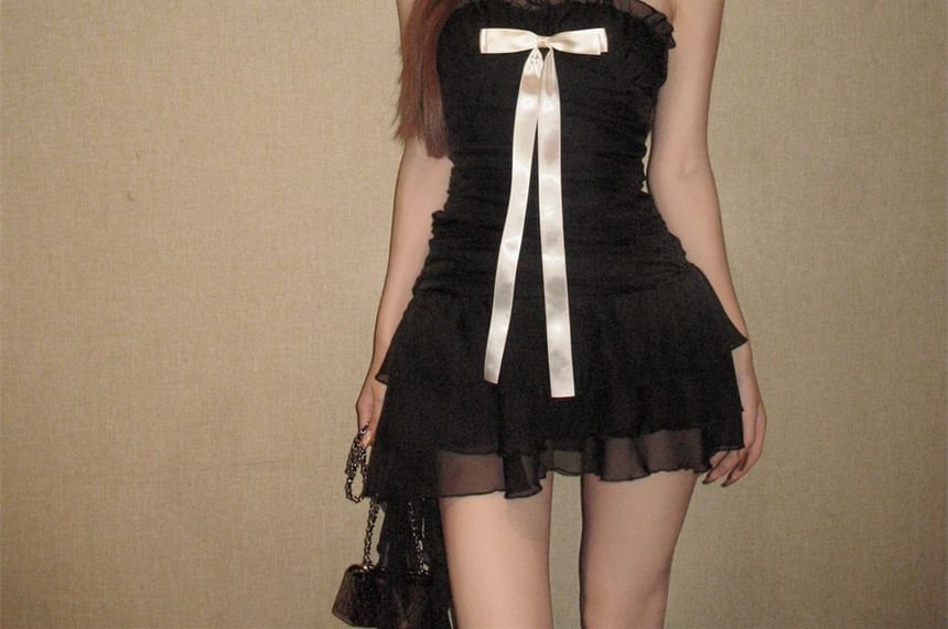 Bow A-Line Ruffle Mini Tube Dress
