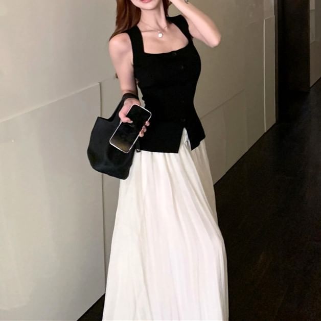 High Button Neck Square / Plain A-Line Rise Maxi Top Skirt Tank