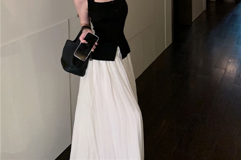 High Button Neck Square / Plain A-Line Rise Maxi Top Skirt Tank