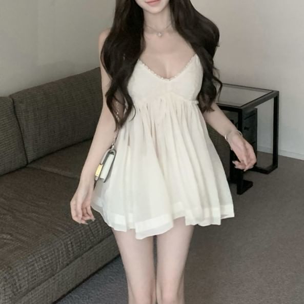 Sundress Lace Mini Plain Trim V-Neck Spaghetti Strap