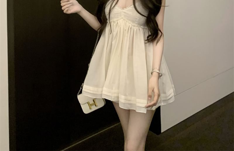 Sundress Lace Mini Plain Trim V-Neck Spaghetti Strap