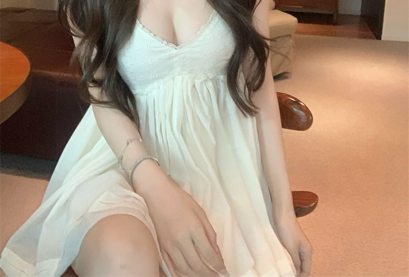 Sundress Lace Mini Plain Trim V-Neck Spaghetti Strap