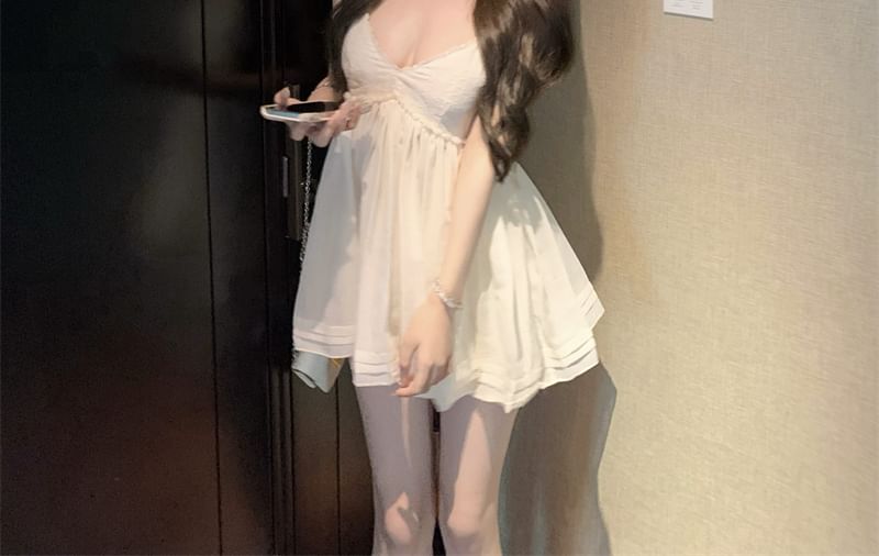 Sundress Lace Mini Plain Trim V-Neck Spaghetti Strap