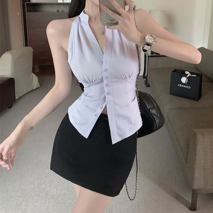 V-Neck Pencil High Rise Striped Skirt Sleeveless Shirt Mini Button-Up /