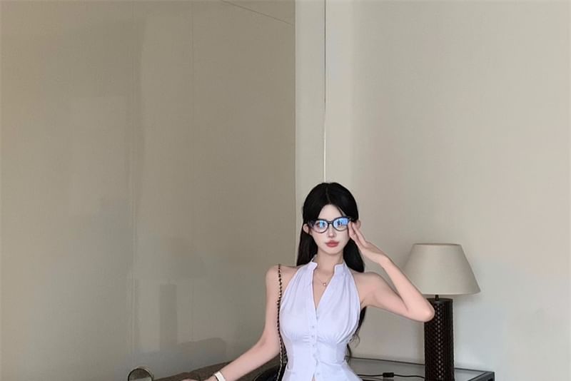 V-Neck Pencil High Rise Striped Skirt Sleeveless Shirt Mini Button-Up /