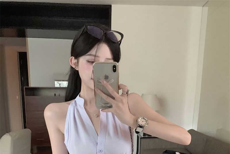 V-Neck Pencil High Rise Striped Skirt Sleeveless Shirt Mini Button-Up /