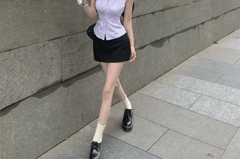 V-Neck Pencil High Rise Striped Skirt Sleeveless Shirt Mini Button-Up /