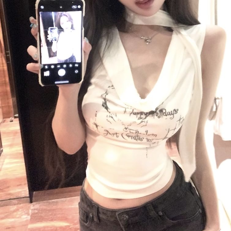 Cowl Crop Tank Top Choker-Neck Lettering Neck