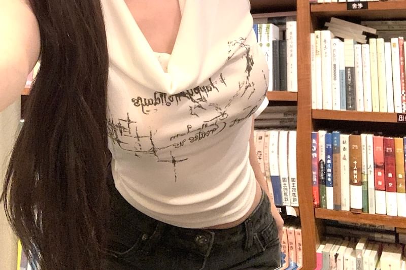 Cowl Crop Tank Top Choker-Neck Lettering Neck