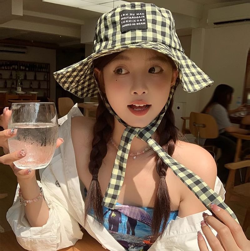 Hat Cotton With Chin Bucket Checkered Strap