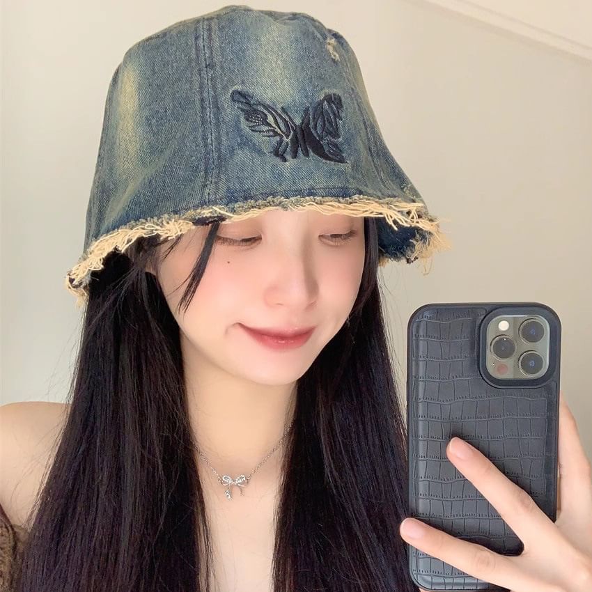 With Brim Hat Embroidery Bucket Distressed Butterfly
