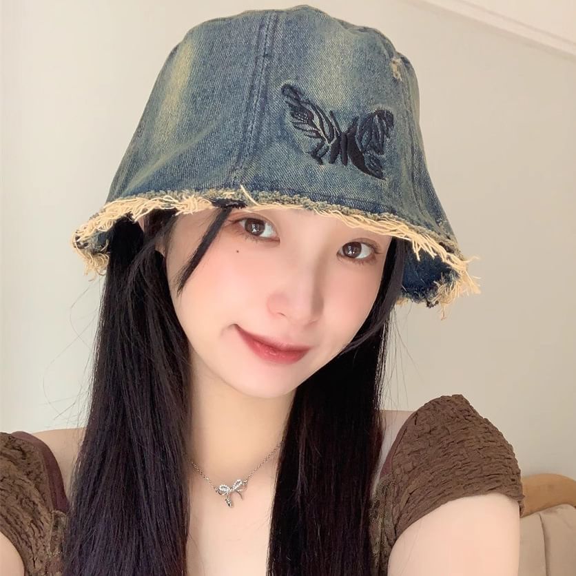 With Brim Hat Embroidery Bucket Distressed Butterfly
