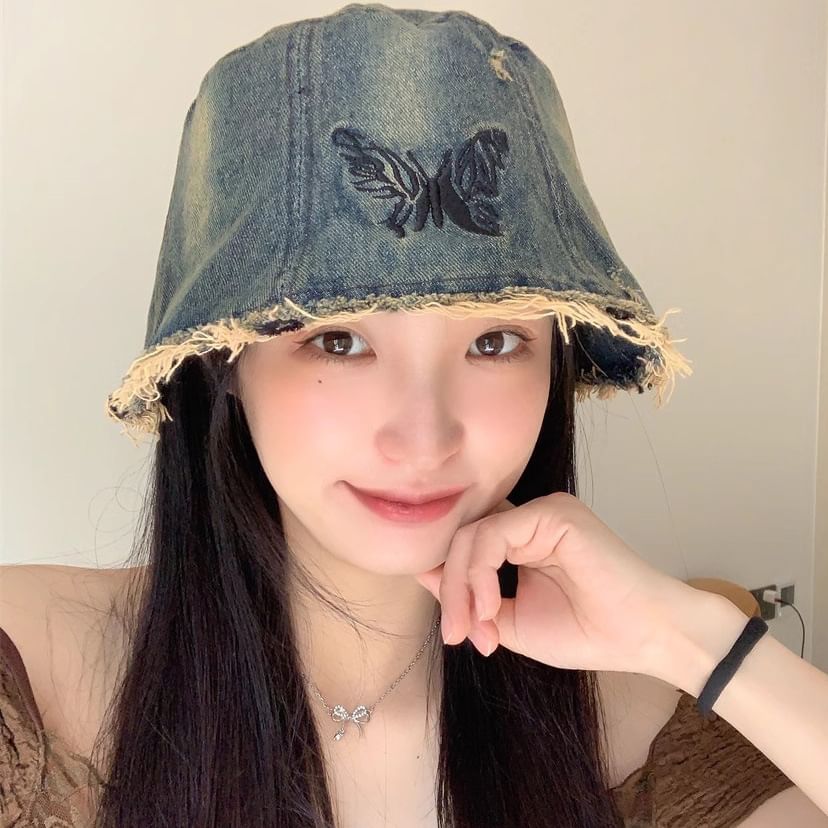 With Brim Hat Embroidery Bucket Distressed Butterfly