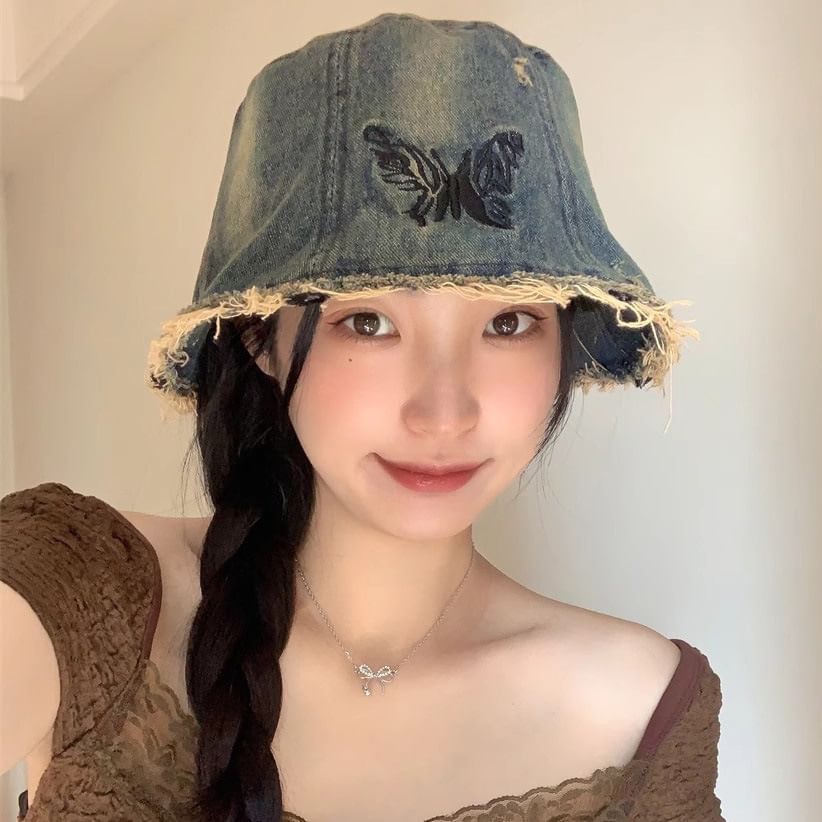 With Brim Hat Embroidery Bucket Distressed Butterfly