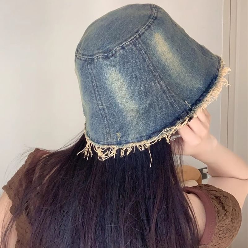 With Brim Hat Embroidery Bucket Distressed Butterfly