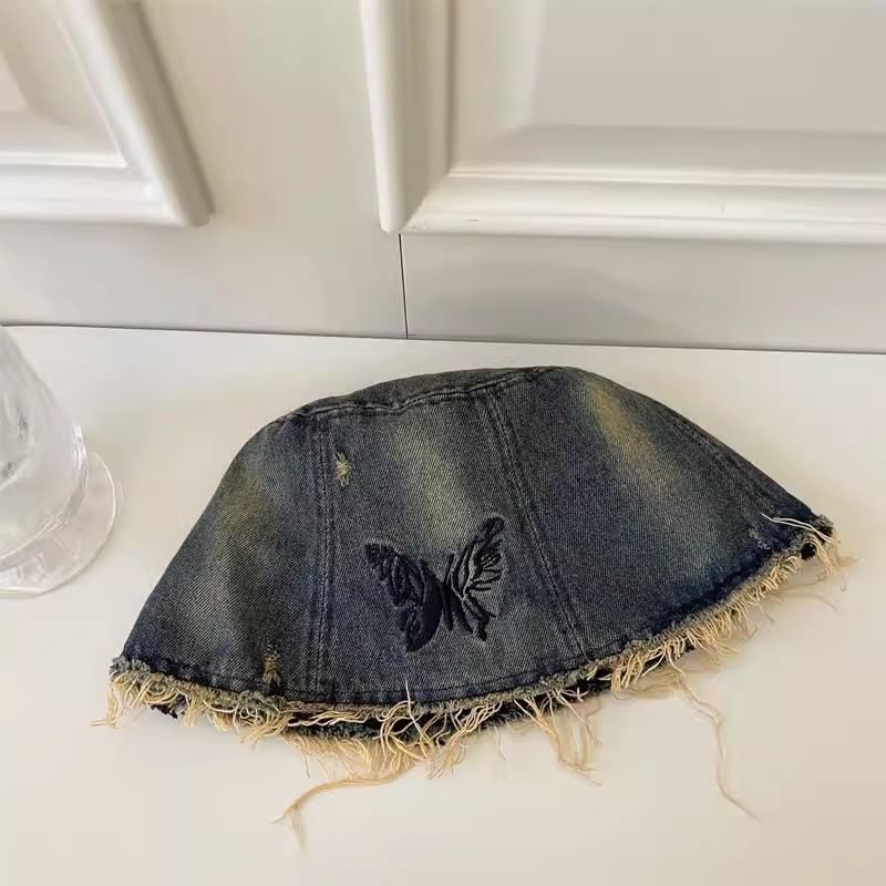 With Brim Hat Embroidery Bucket Distressed Butterfly