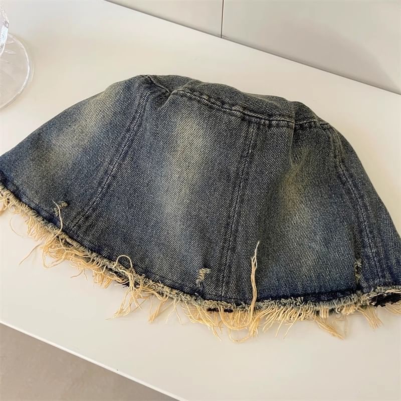 With Brim Hat Embroidery Bucket Distressed Butterfly