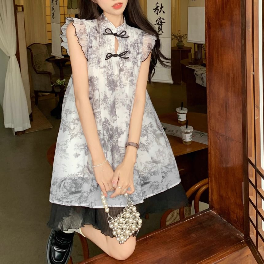 Mini Sheer Print A-Line Cap-Sleeve Dress