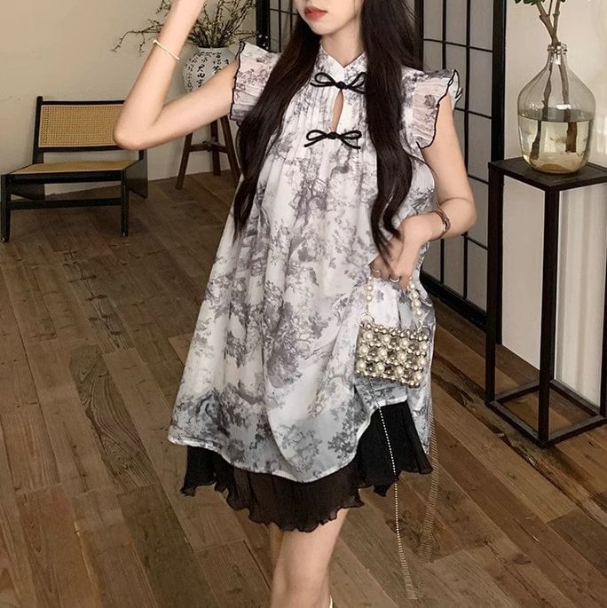 Mini Sheer Print A-Line Cap-Sleeve Dress