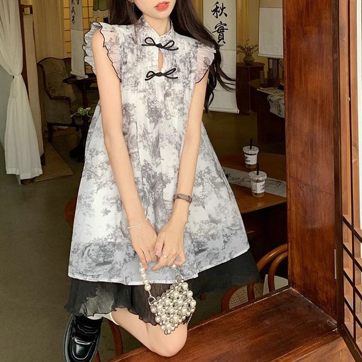 Mini Sheer Print A-Line Cap-Sleeve Dress