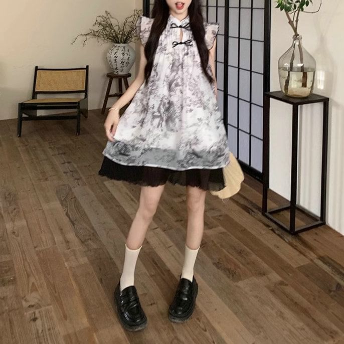 Mini Sheer Print A-Line Cap-Sleeve Dress