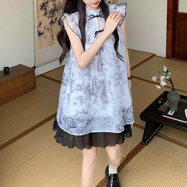 Mini Sheer Print A-Line Cap-Sleeve Dress