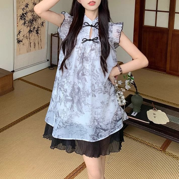 Mini Sheer Print A-Line Cap-Sleeve Dress