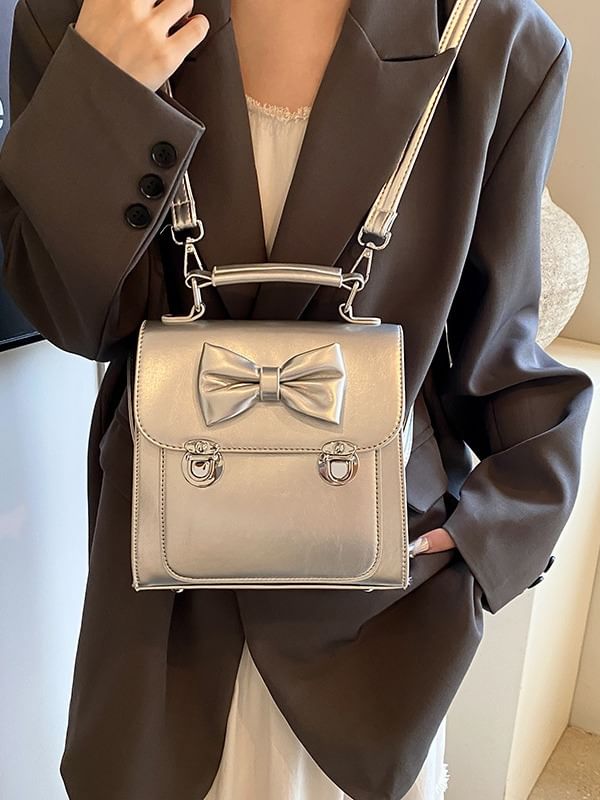 Backpack Leather Flap Faux Bow