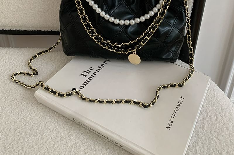 Faux Chain Quilted Crossbody Pearl Bag
