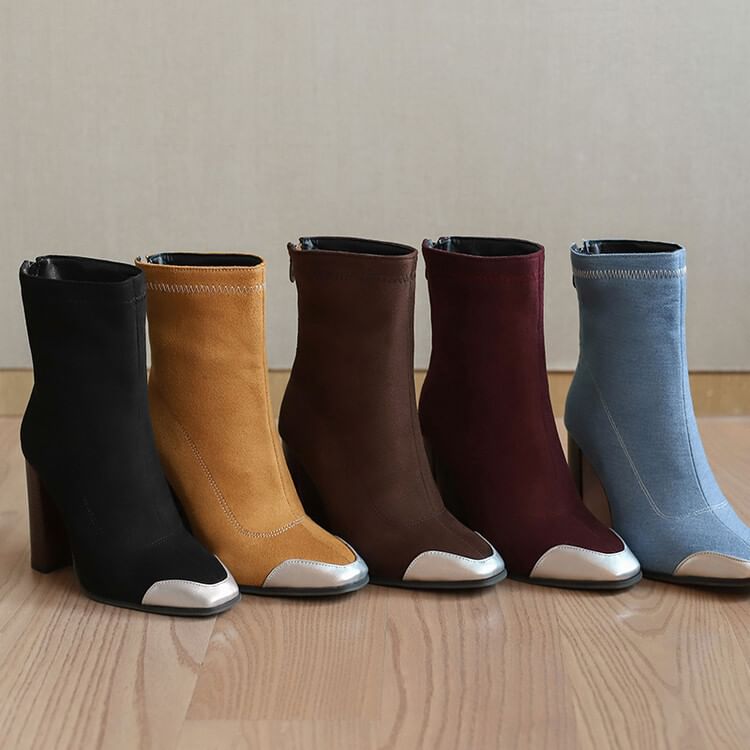 Short Denim Chunky Heel Toe Boots Pointed