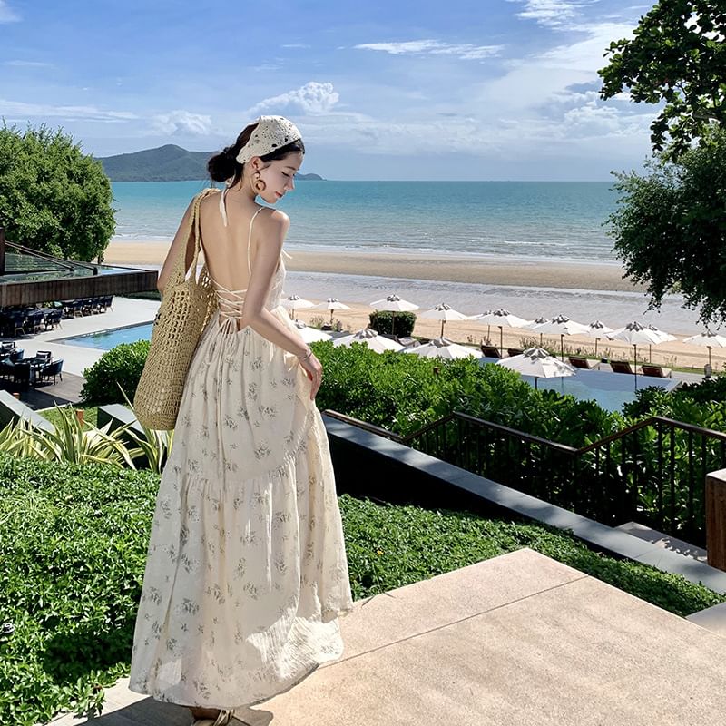 Maxi Strap Accent Square Floral Back Neck Bow Print Spaghetti Open Dress A-Line