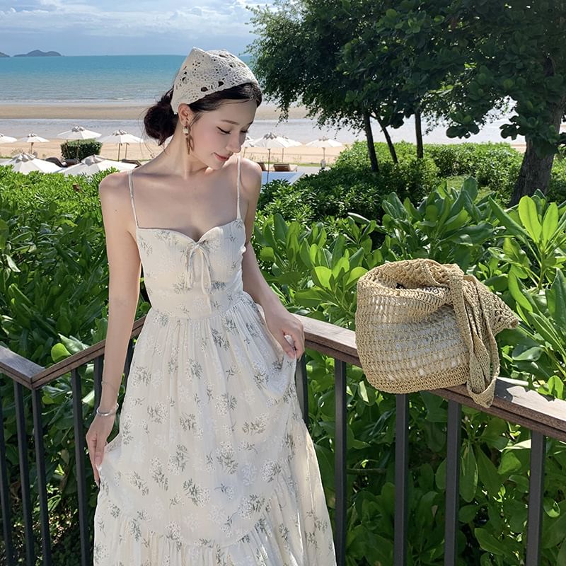 Maxi Strap Accent Square Floral Back Neck Bow Print Spaghetti Open Dress A-Line