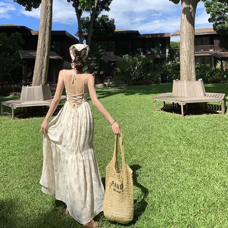 Maxi Strap Accent Square Floral Back Neck Bow Print Spaghetti Open Dress A-Line