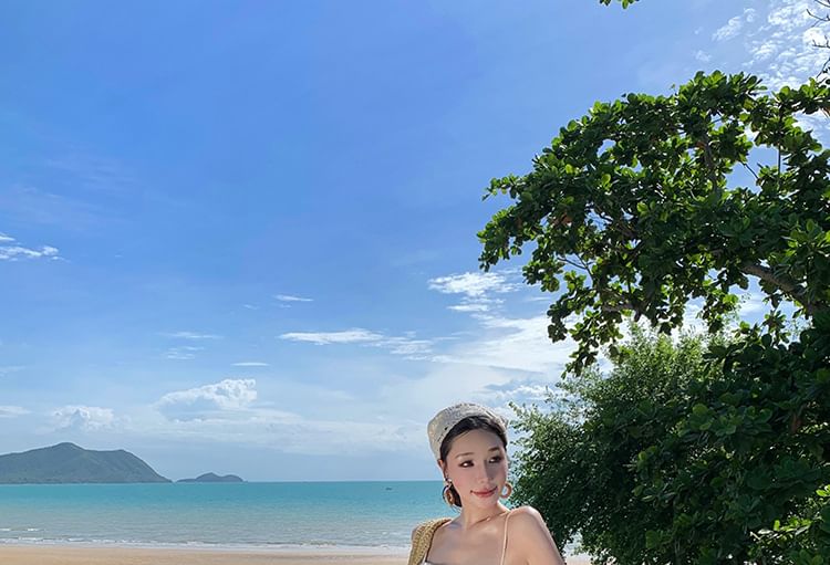 Maxi Strap Accent Square Floral Back Neck Bow Print Spaghetti Open Dress A-Line