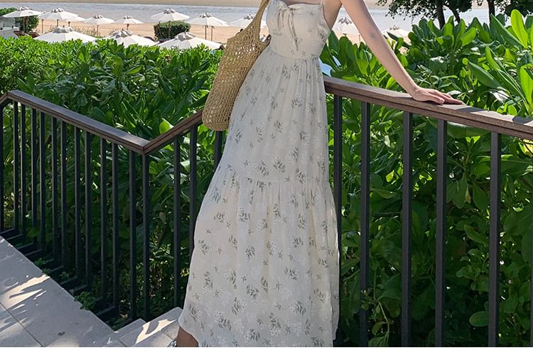 Maxi Strap Accent Square Floral Back Neck Bow Print Spaghetti Open Dress A-Line