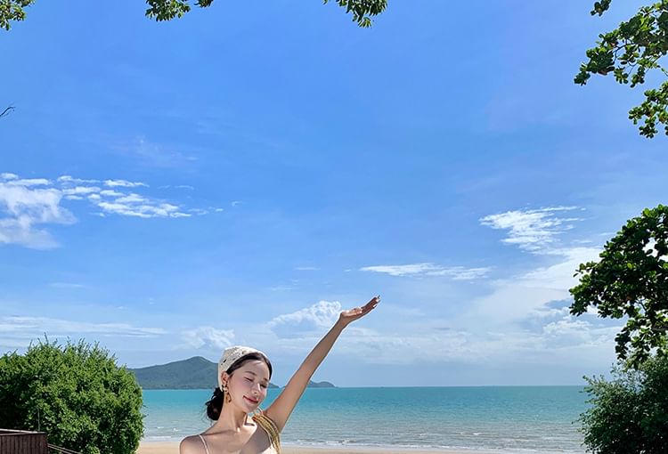 Maxi Strap Accent Square Floral Back Neck Bow Print Spaghetti Open Dress A-Line