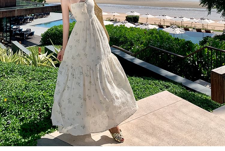 Maxi Strap Accent Square Floral Back Neck Bow Print Spaghetti Open Dress A-Line