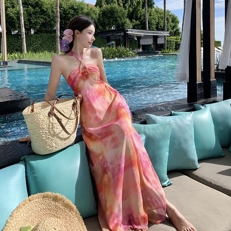 Dress Dye Neck Ruched Halter Open Floral Back A-Line Accent Maxi Tie