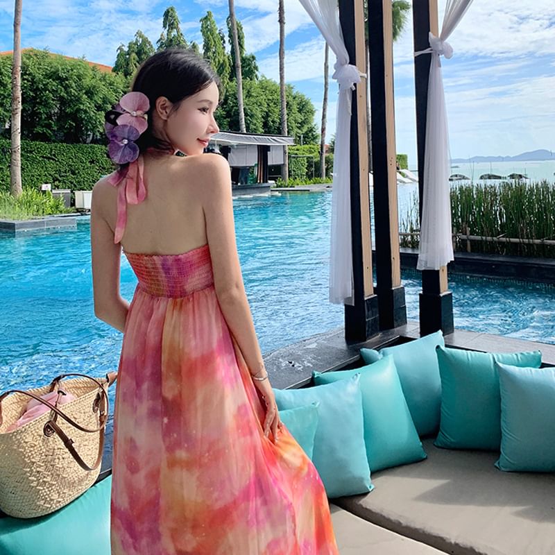 Dress Dye Neck Ruched Halter Open Floral Back A-Line Accent Maxi Tie