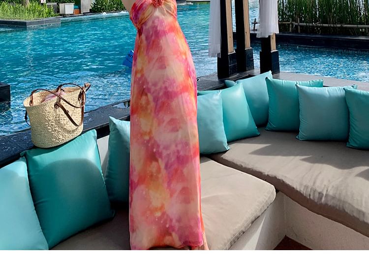 Dress Dye Neck Ruched Halter Open Floral Back A-Line Accent Maxi Tie