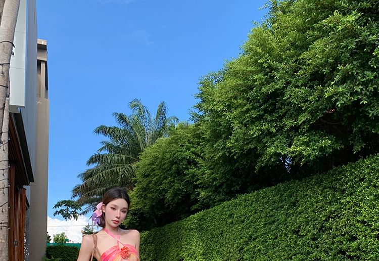 Dress Dye Neck Ruched Halter Open Floral Back A-Line Accent Maxi Tie