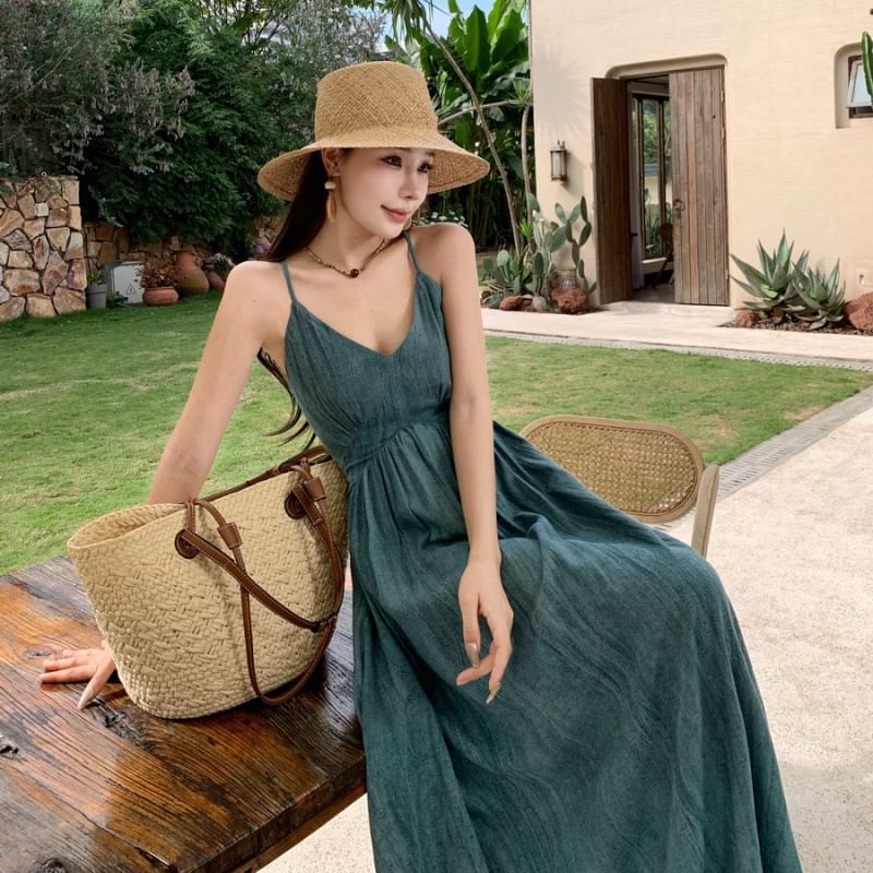 Dress Dye Ruched Back Spaghetti Tie V-Neck Strap Maxi Open A-Line