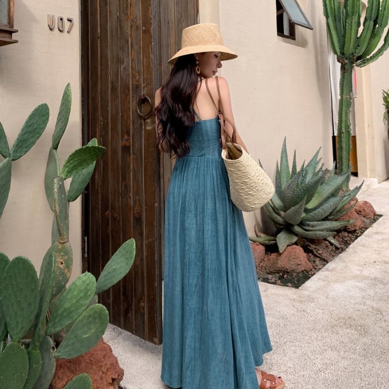 Dress Dye Ruched Back Spaghetti Tie V-Neck Strap Maxi Open A-Line