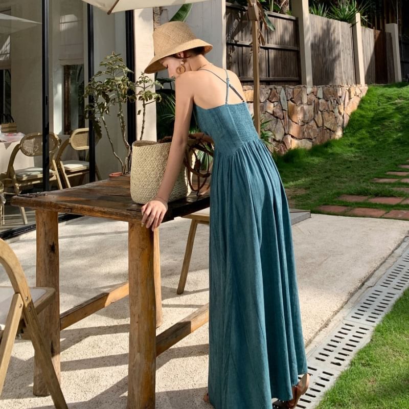 Dress Dye Ruched Back Spaghetti Tie V-Neck Strap Maxi Open A-Line
