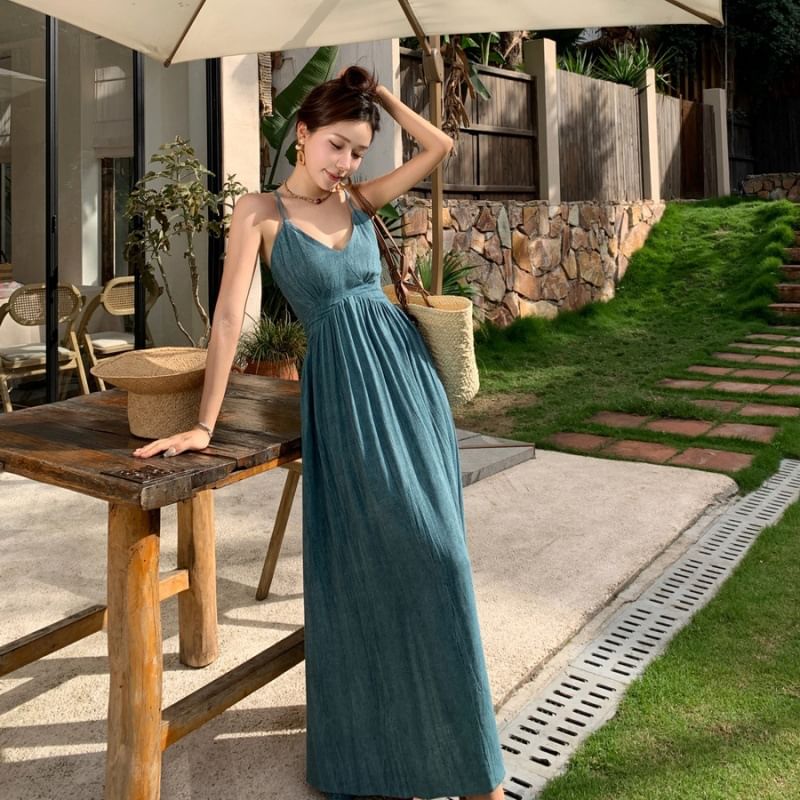 Dress Dye Ruched Back Spaghetti Tie V-Neck Strap Maxi Open A-Line