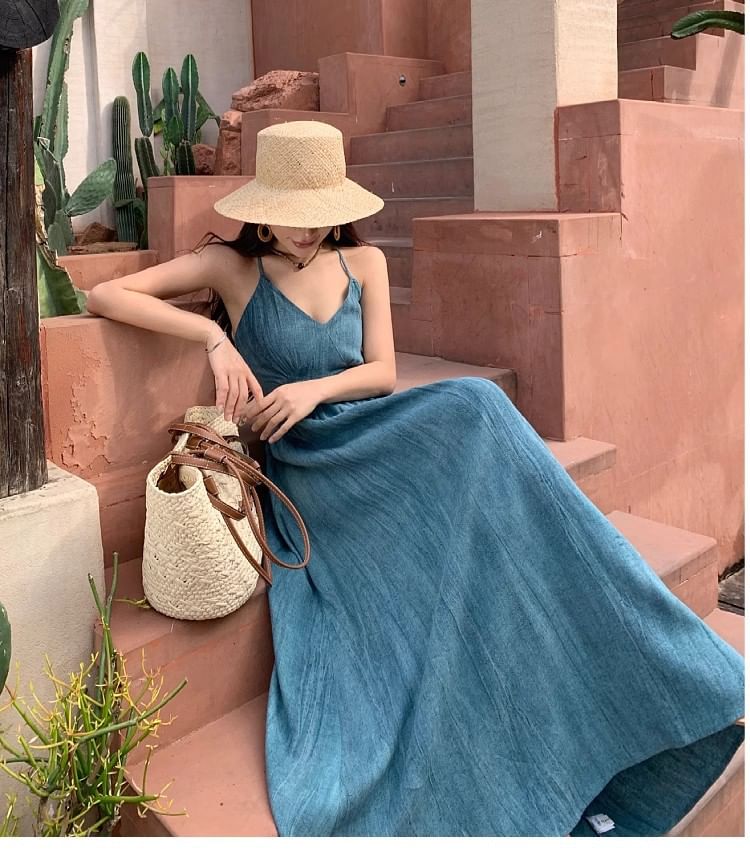 Dress Dye Ruched Back Spaghetti Tie V-Neck Strap Maxi Open A-Line