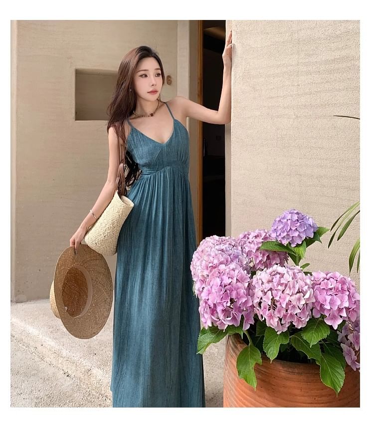 Dress Dye Ruched Back Spaghetti Tie V-Neck Strap Maxi Open A-Line