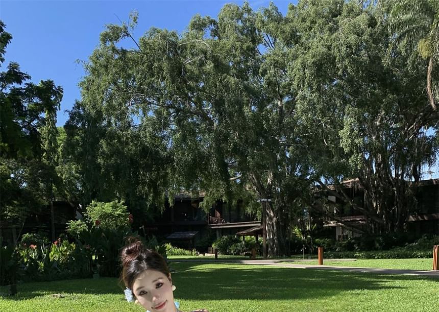 Halter Ruched Plain Back Floral Maxi A-Line Accent Neck Layered Open Dress